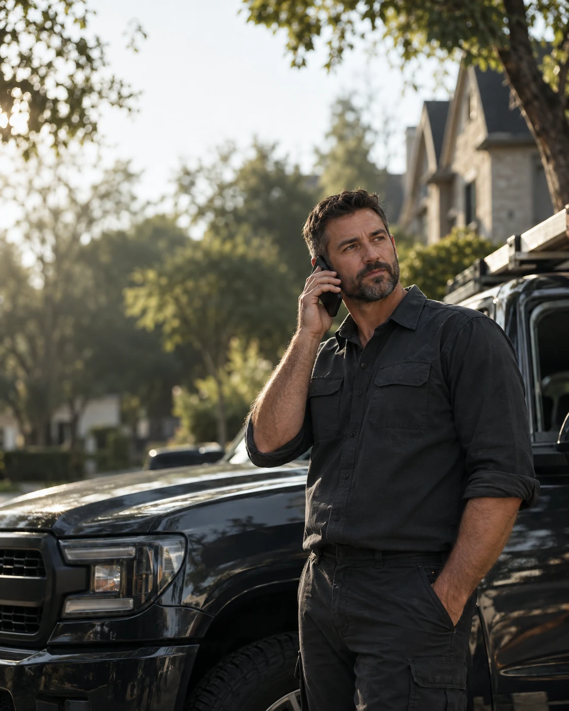 A local trades professional taking a phone call beside his work truck